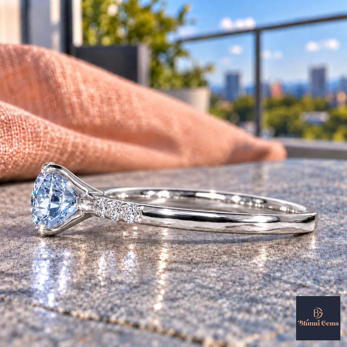 Blue Round Cut Lab Grown Diamond Engagement Ring - Pave Shoulders in white gold, side view