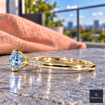 Blue Round Cut Lab Grown Diamond Engagement Ring - Pave Shoulders in yellow gold, side view