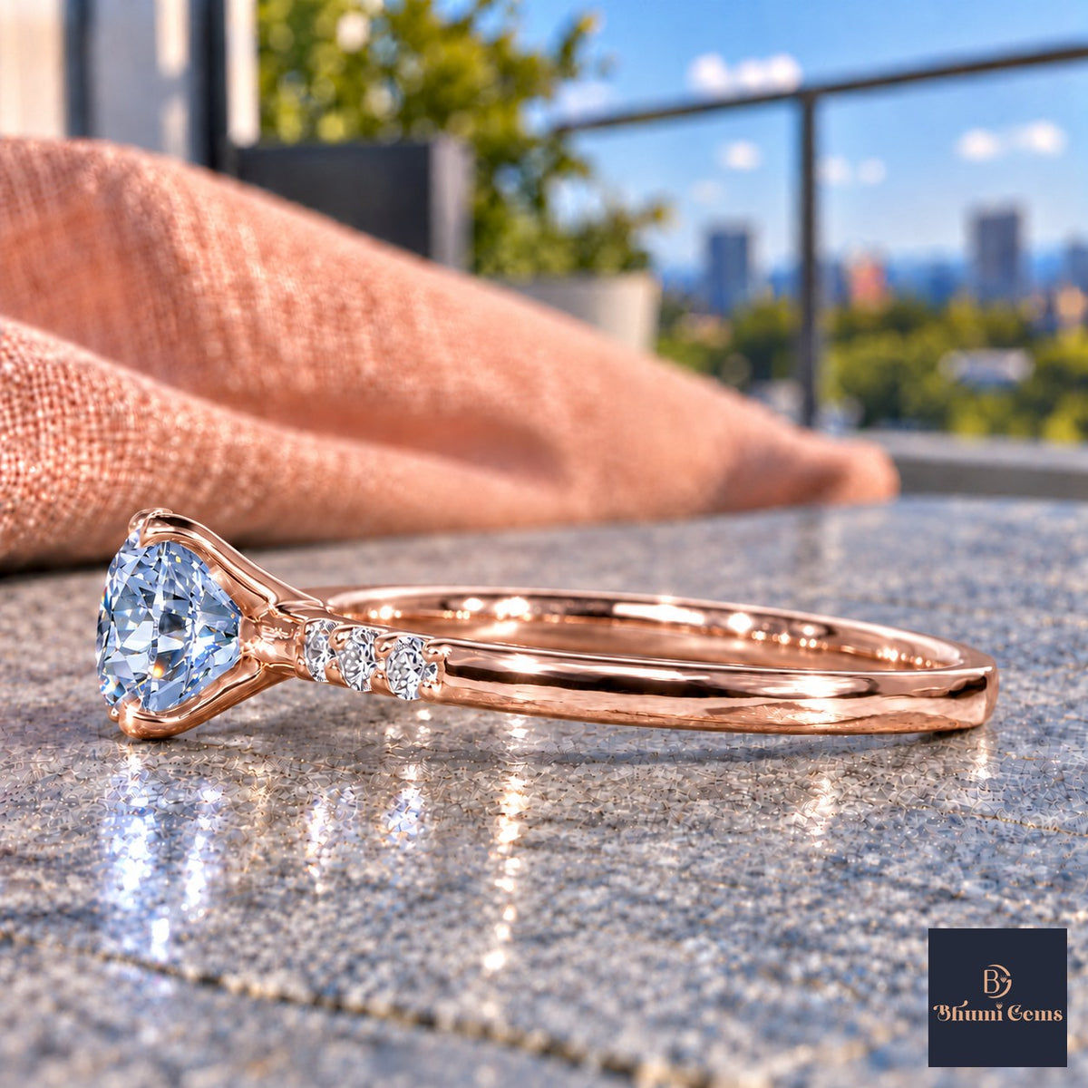 Blue Round Cut Lab Grown Diamond Engagement Ring - Pave Shoulders in rose gold, side view