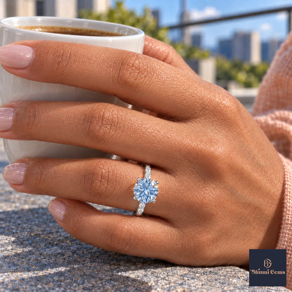 Blue Round Cut Lab Grown Diamond Engagement Ring - Pave Shoulders in white gold, on the hand