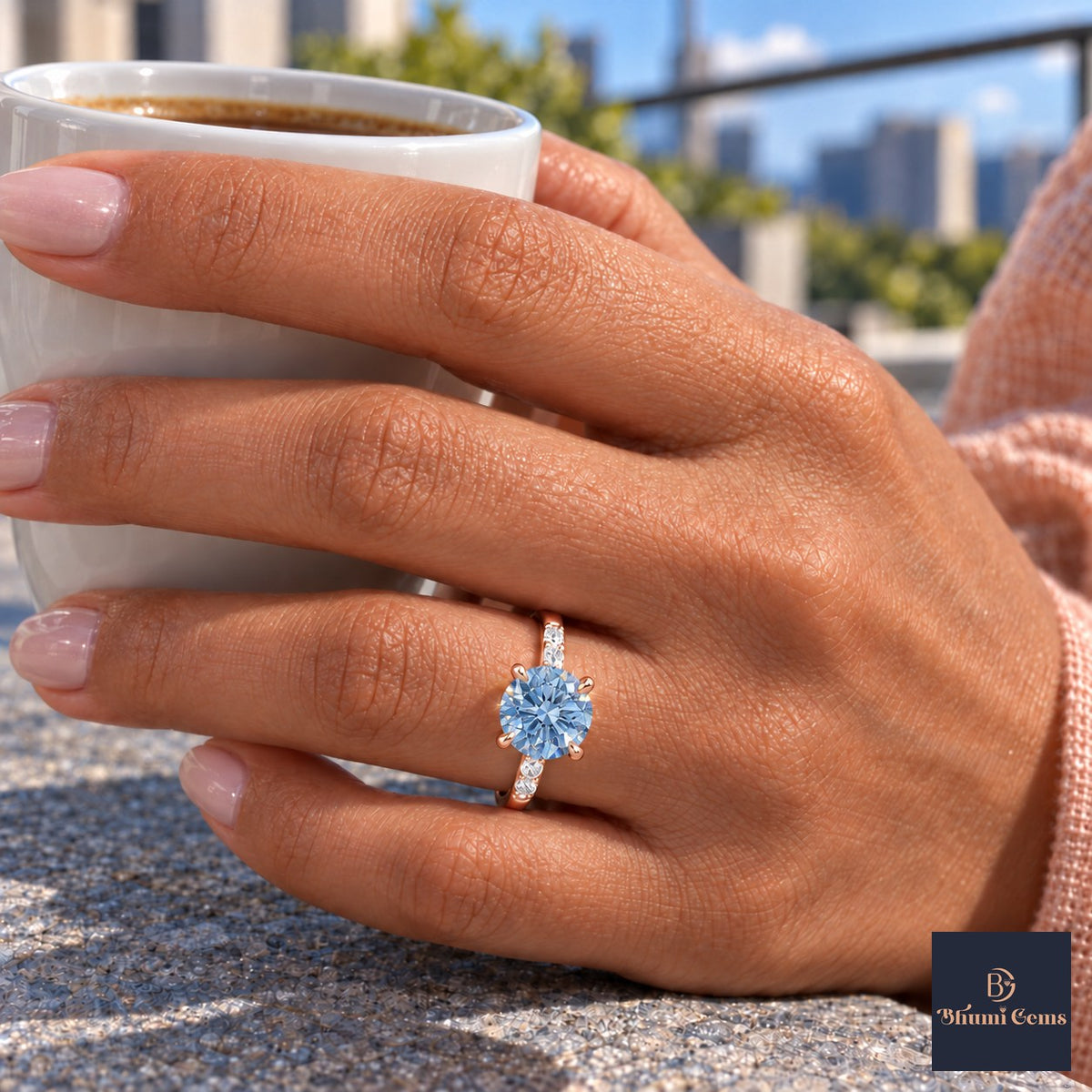 Blue Round Cut Lab Grown Diamond Engagement Ring - Pave Shoulders in rose gold, on the hand