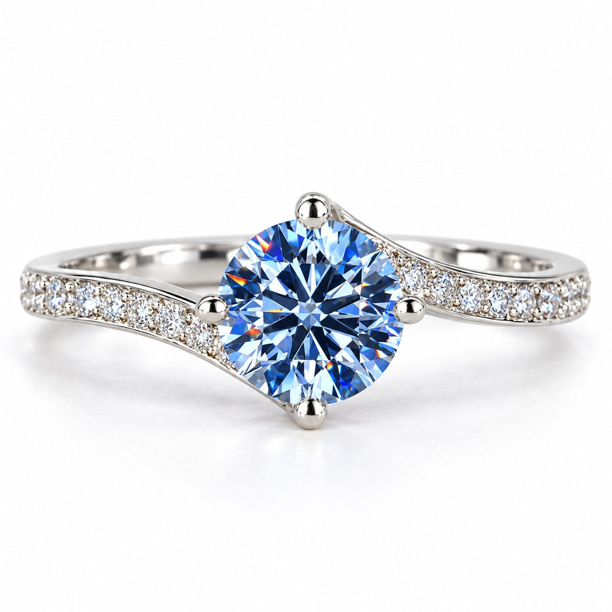Blue Round Cut Lab Grown Diamond Engagement Ring - Pave Twist Bypass in white gold, front view