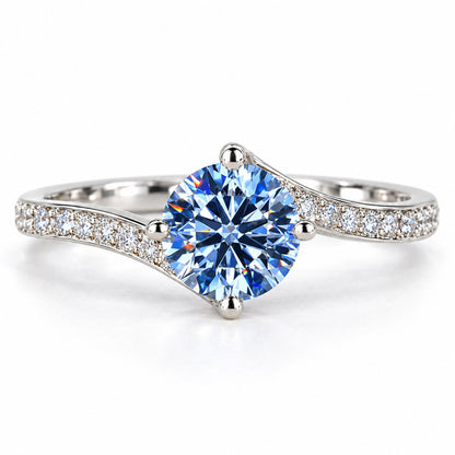 Blue Round Cut Lab Grown Diamond Engagement Ring - Pave Twist Bypass in white gold, front view
