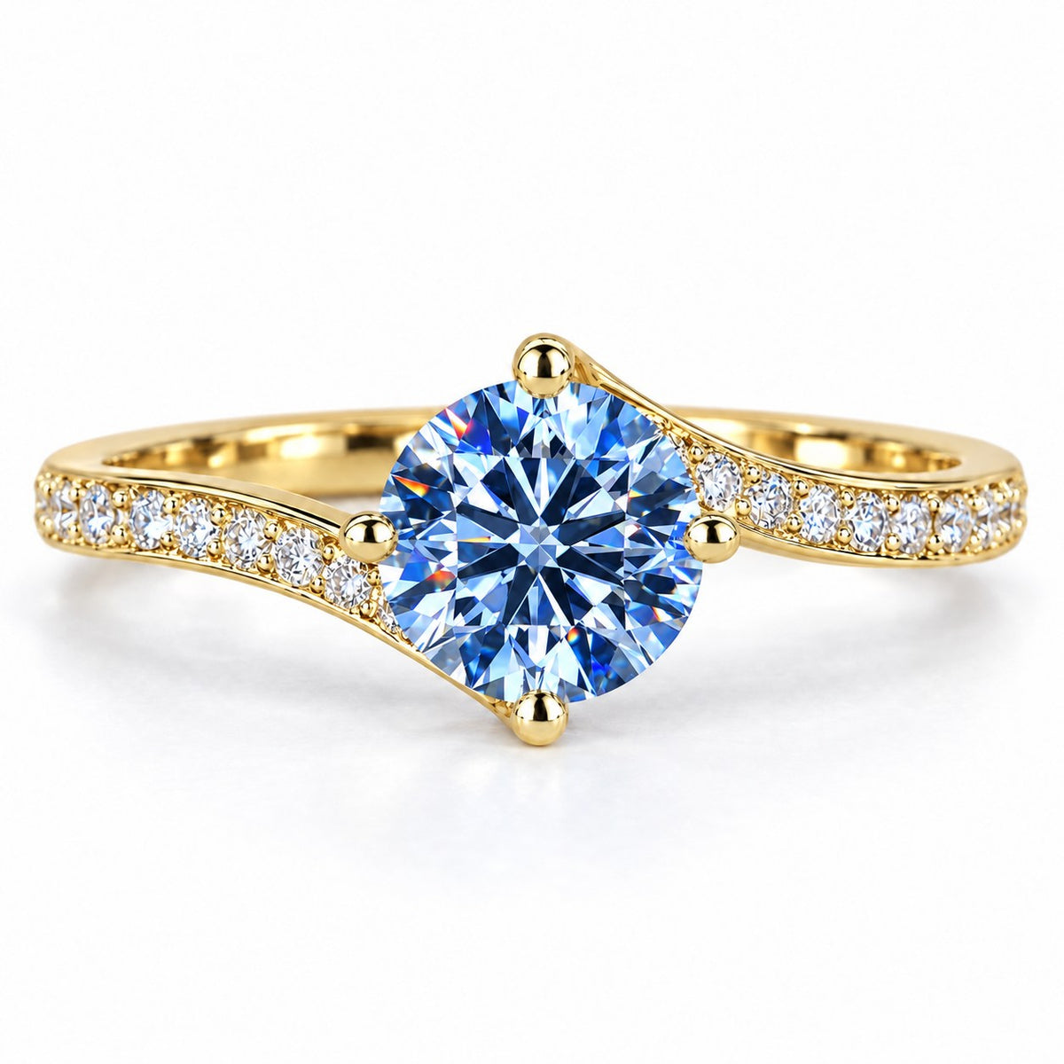 Blue Round Cut Lab Grown Diamond Engagement Ring - Pave Twist Bypass in yellow gold, front view