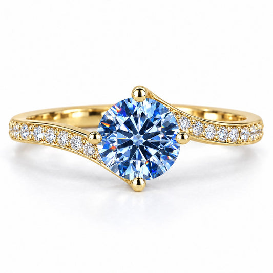 Blue Round Cut Lab Grown Diamond Engagement Ring - Pave Twist Bypass in yellow gold, front view