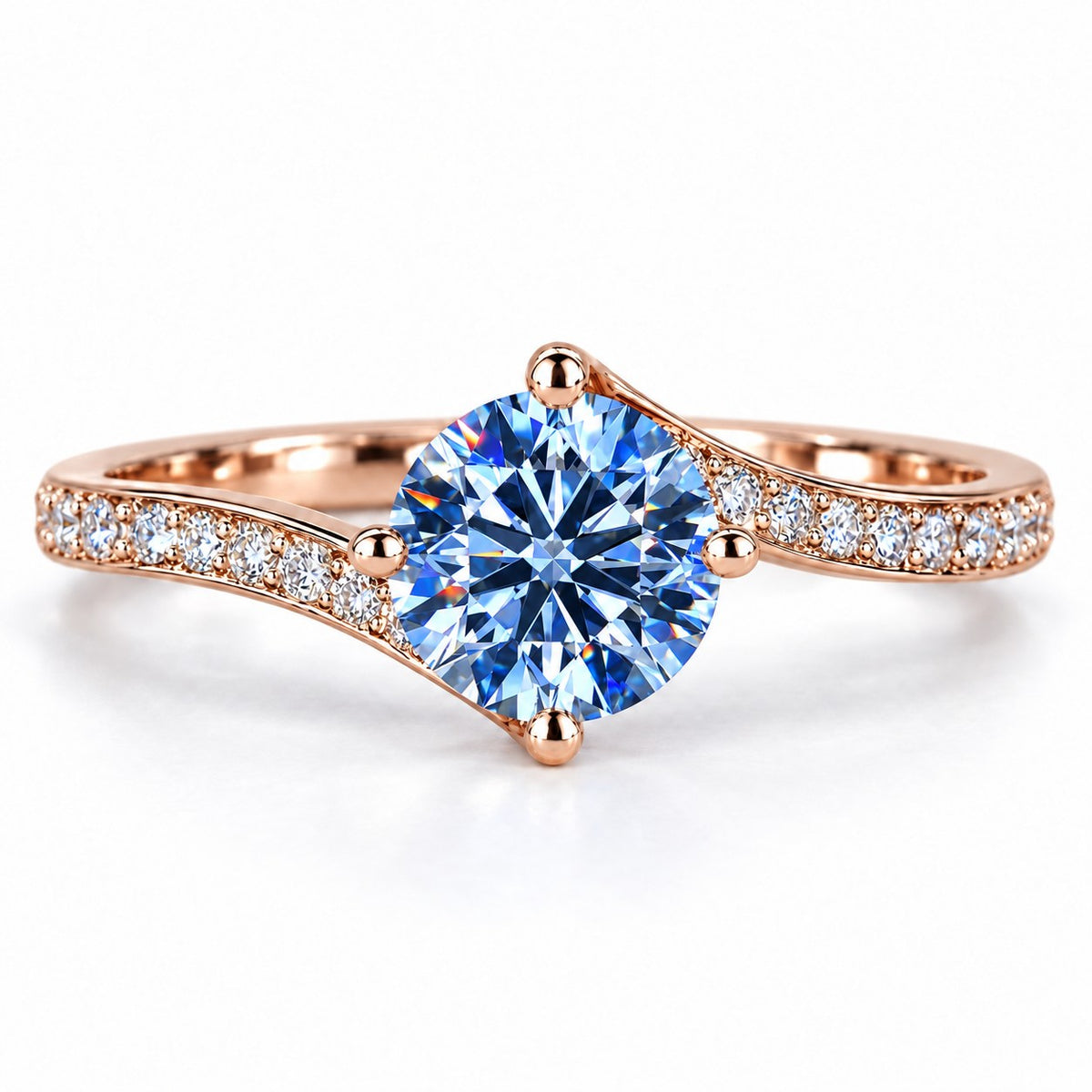 Blue Round Cut Lab Grown Diamond Engagement Ring - Pave Twist Bypass in rose gold, front view
