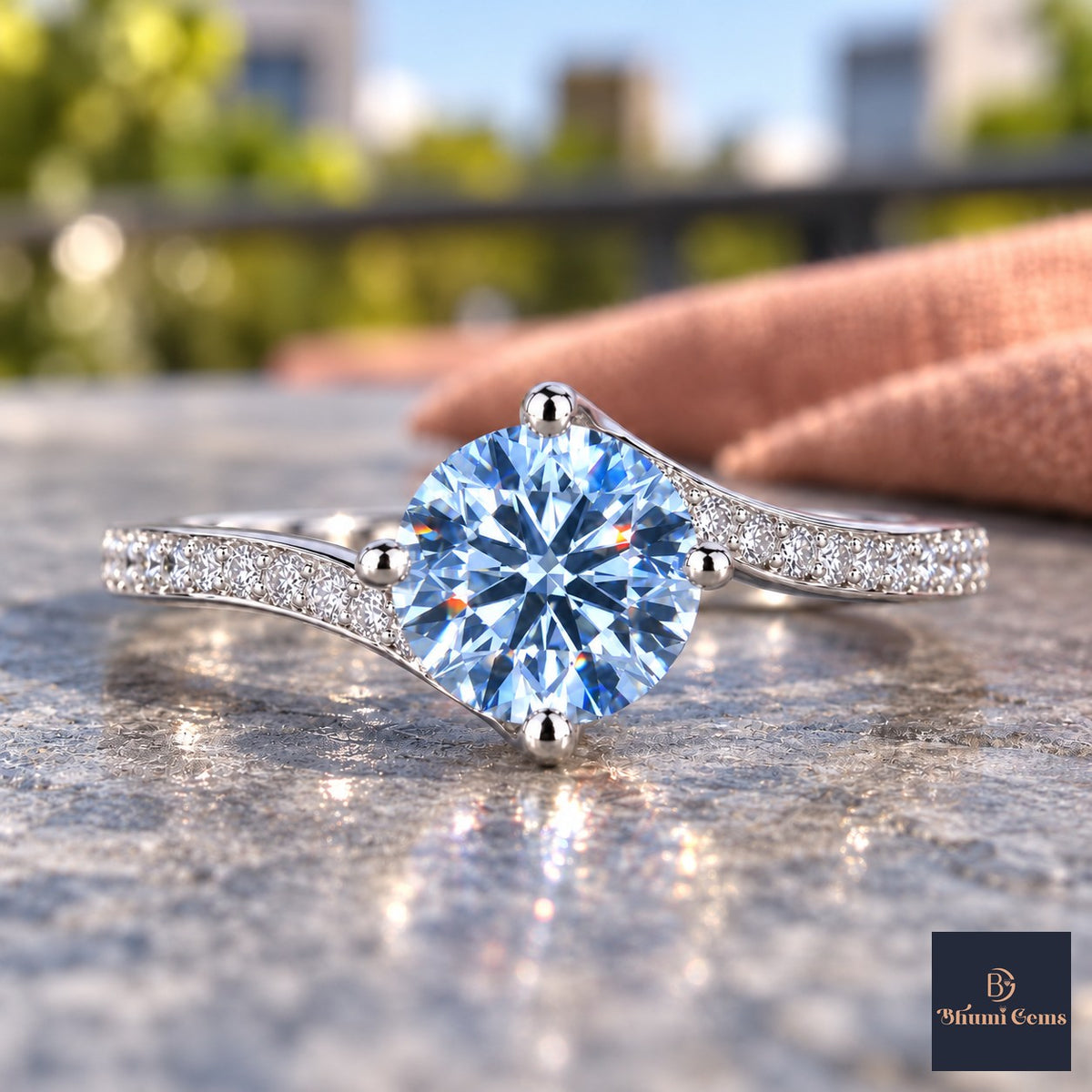 Blue Round Cut Lab Grown Diamond Engagement Ring - Pave Twist Bypass in white gold, close-up