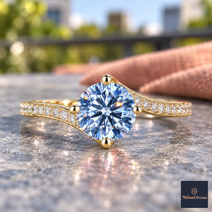 Blue Round Cut Lab Grown Diamond Engagement Ring - Pave Twist Bypass in yellow gold, close-up