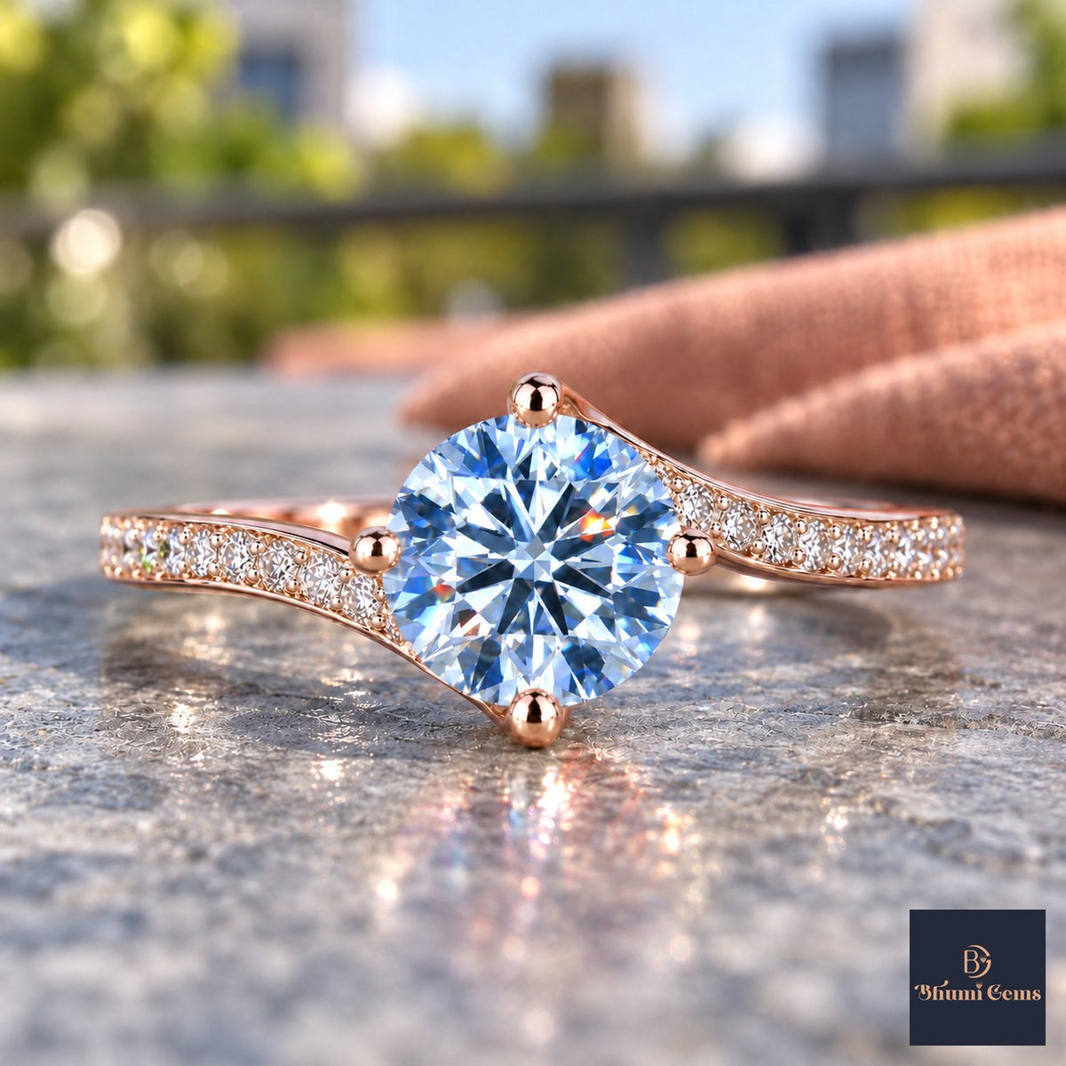 Blue Round Cut Lab Grown Diamond Engagement Ring - Pave Twist Bypass in rose gold, close-up