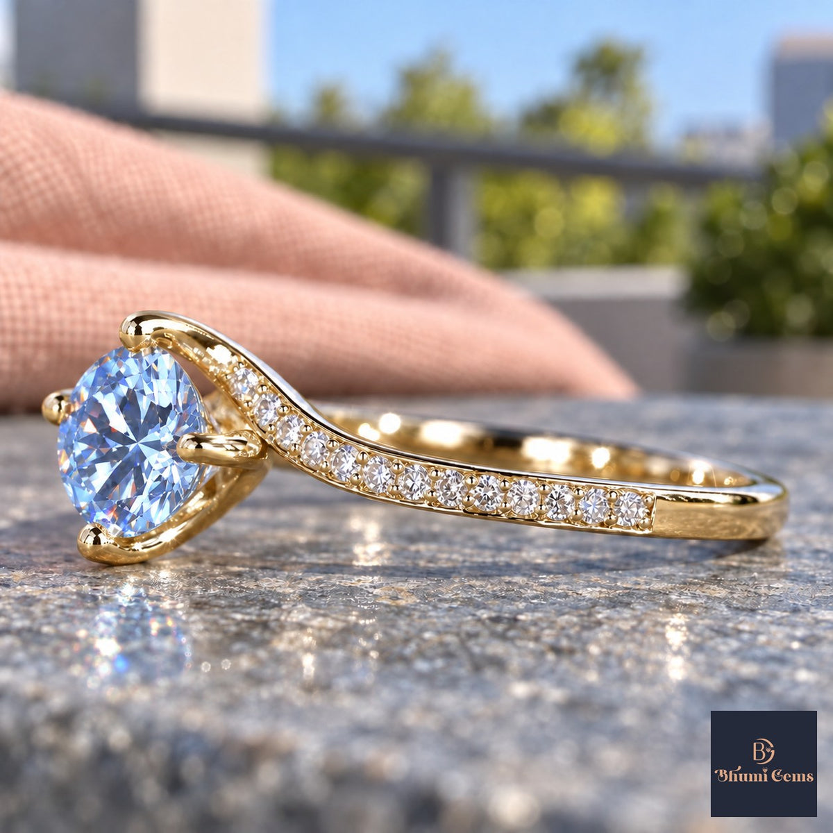 Blue Round Cut Lab Grown Diamond Engagement Ring - Pave Twist Bypass in yellow gold, side view