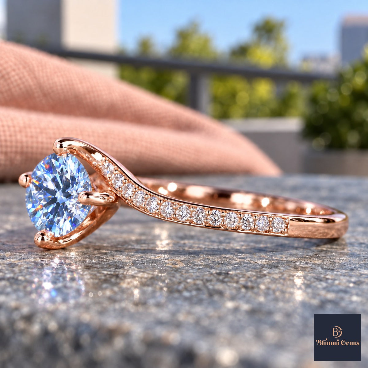 Blue Round Cut Lab Grown Diamond Engagement Ring - Pave Twist Bypass in rose gold, side view
