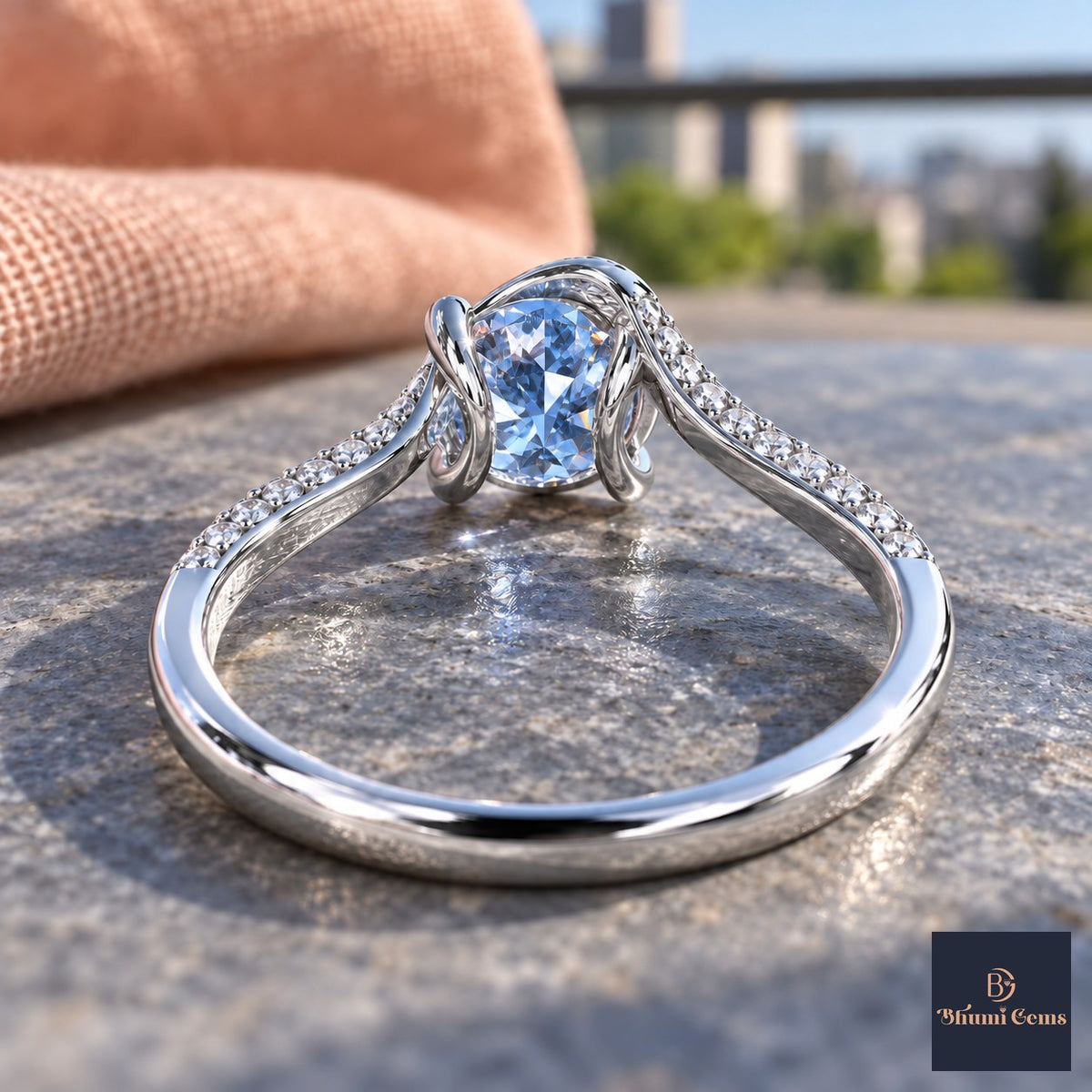 Blue Round Cut Lab Grown Diamond Engagement Ring - Pave Twist Bypass in white gold, gallery view