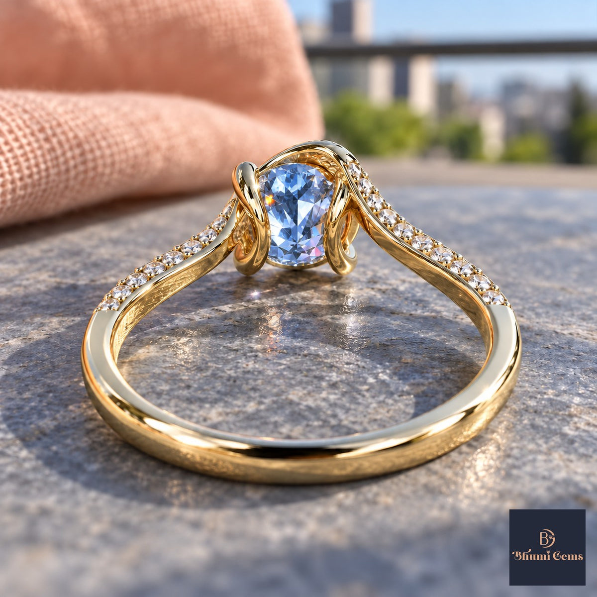 Blue Round Cut Lab Grown Diamond Engagement Ring - Pave Twist Bypass in yellow gold, gallery view