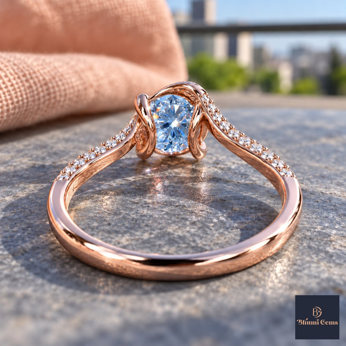 Blue Round Cut Lab Grown Diamond Engagement Ring - Pave Twist Bypass in rose gold, gallery view