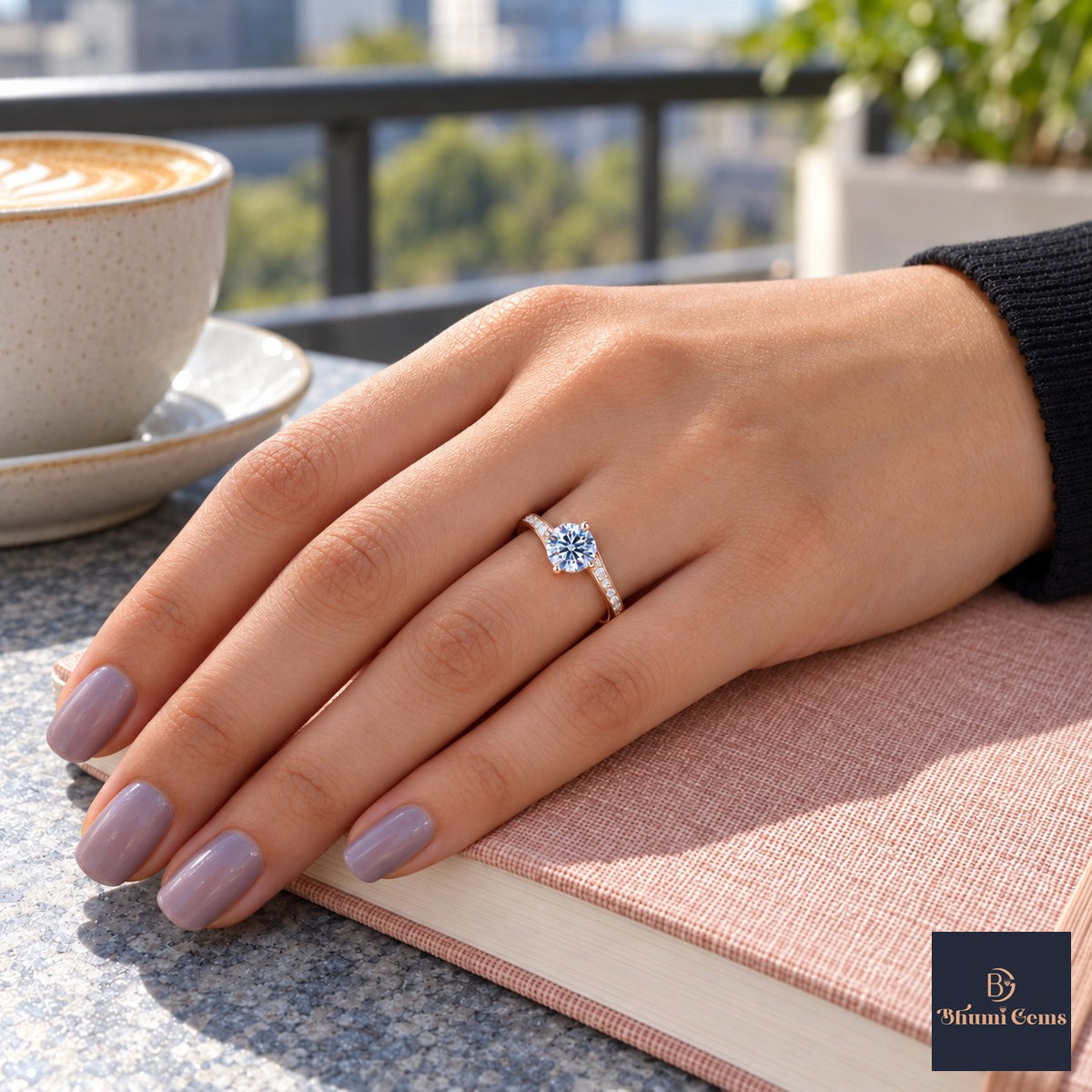 Blue Round Cut Lab Grown Diamond Engagement Ring - Pave Twist Bypass in rose gold, on the hand