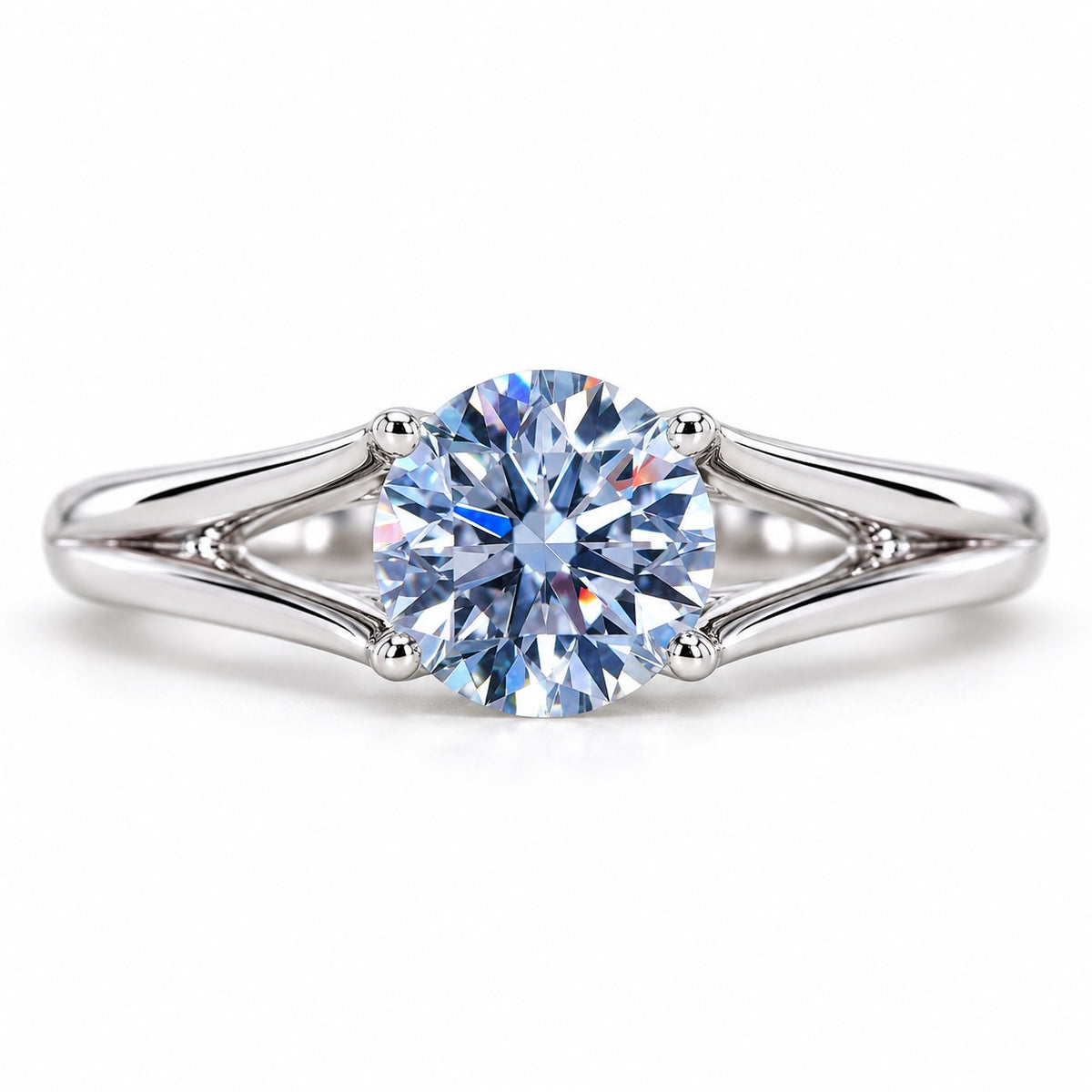Blue Round Cut Lab Grown Diamond Engagement Ring - Split Shank in white gold, front view