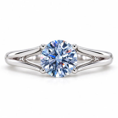 Blue Round Cut Lab Grown Diamond Engagement Ring - Split Shank in white gold, front view