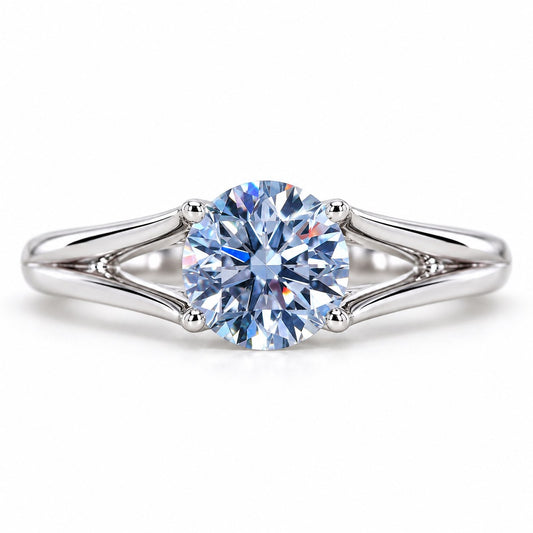 Blue Round Cut Lab Grown Diamond Engagement Ring - Split Shank in white gold, front view