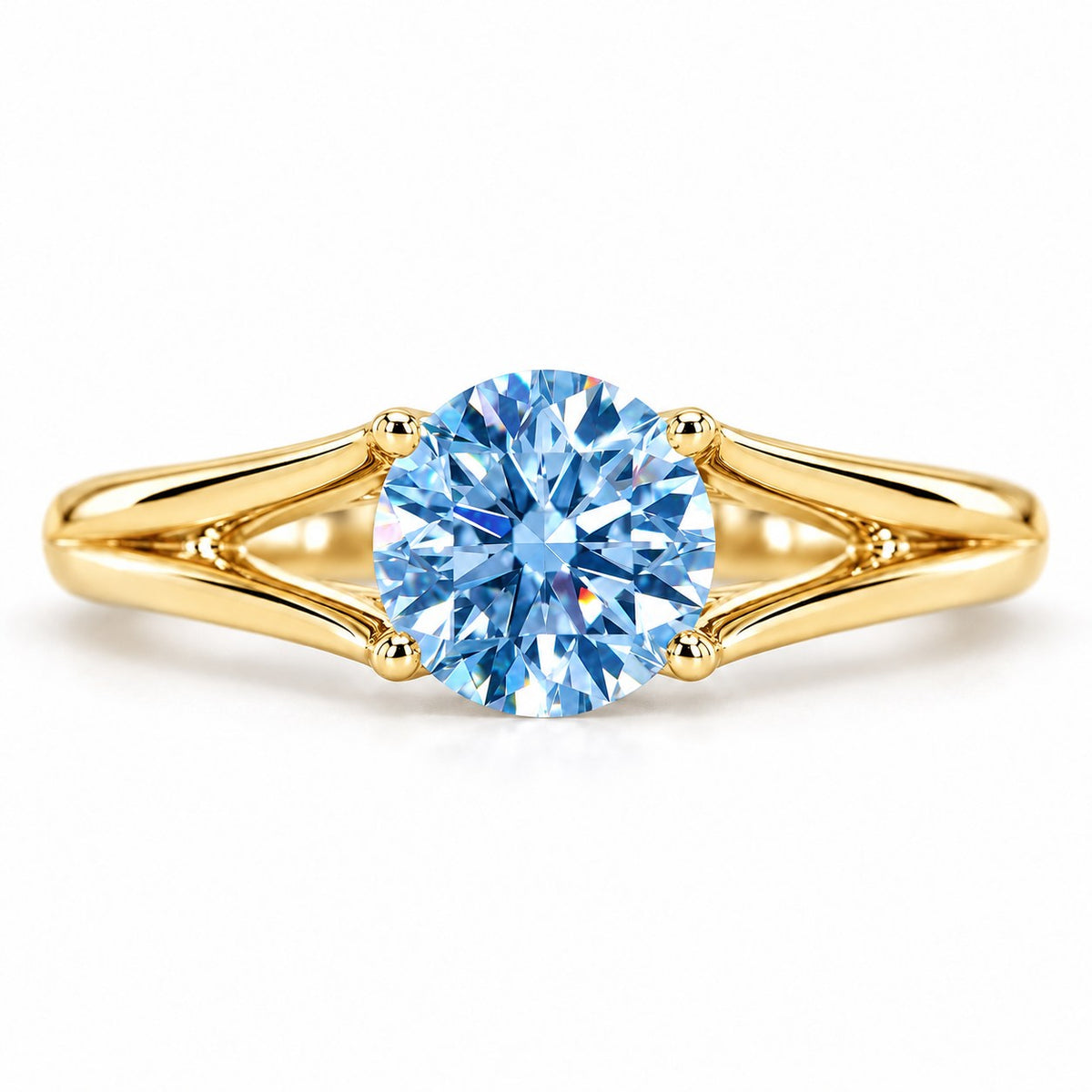 Blue Round Cut Lab Grown Diamond Engagement Ring - Split Shank in yellow gold, front view