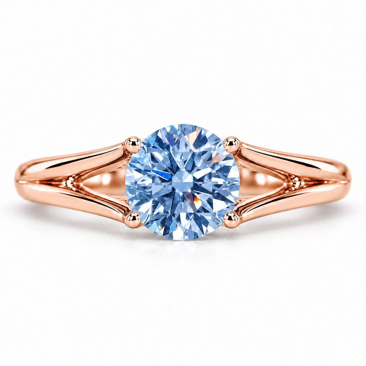 Blue Round Cut Lab Grown Diamond Engagement Ring - Split Shank in rose gold, front view