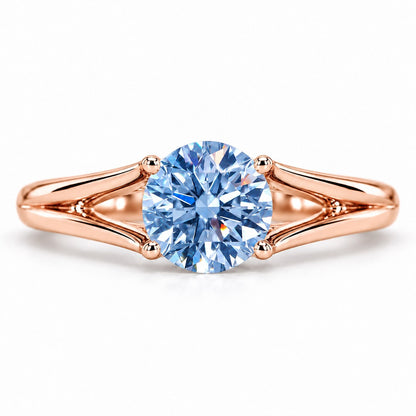 Blue Round Cut Lab Grown Diamond Engagement Ring - Split Shank in rose gold, front view