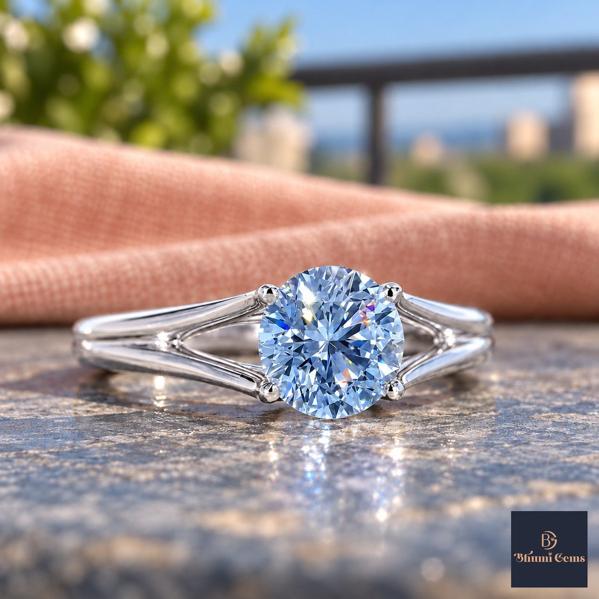 Blue Round Cut Lab Grown Diamond Engagement Ring - Split Shank in white gold, close-up