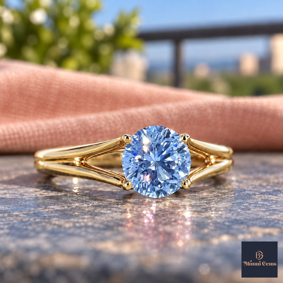 Blue Round Cut Lab Grown Diamond Engagement Ring - Split Shank in yellow gold, close-up
