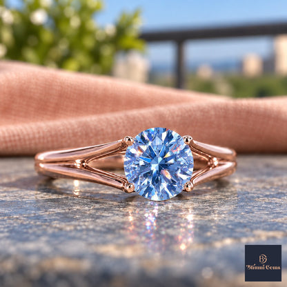 Blue Round Cut Lab Grown Diamond Engagement Ring - Split Shank in rose gold, close-up