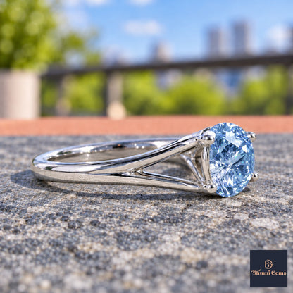Blue Round Cut Lab Grown Diamond Engagement Ring - Split Shank in white gold, side view