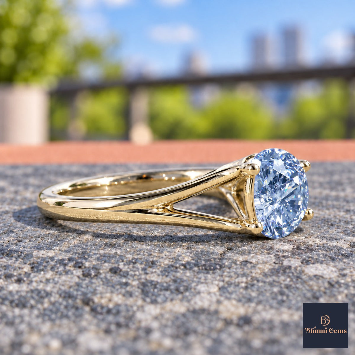 Blue Round Cut Lab Grown Diamond Engagement Ring - Split Shank in yellow gold, side view