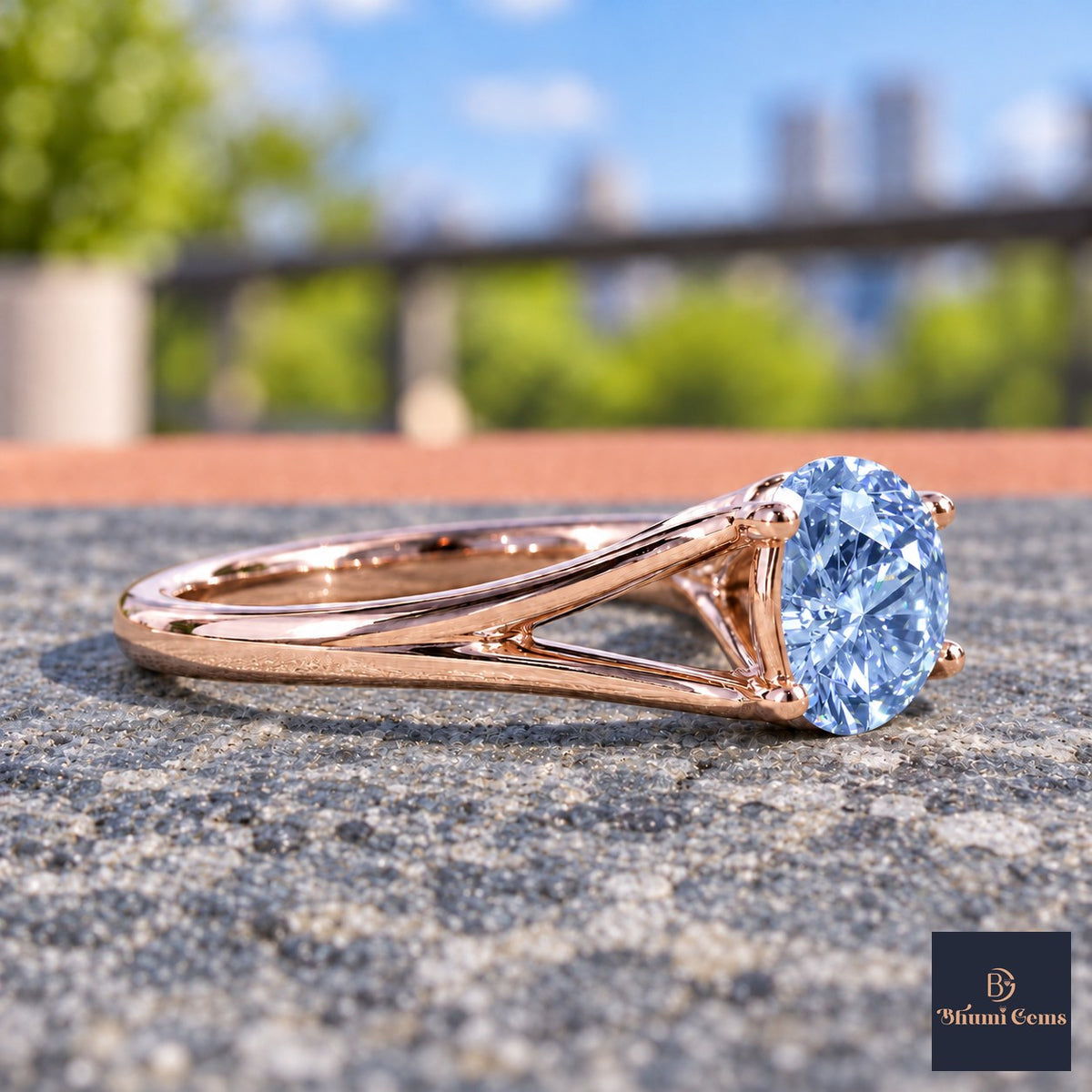 Blue Round Cut Lab Grown Diamond Engagement Ring - Split Shank in rose gold, side view