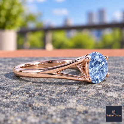 Blue Round Cut Lab Grown Diamond Engagement Ring - Split Shank in rose gold, side view