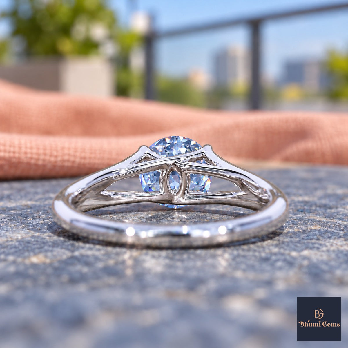 Blue Round Cut Lab Grown Diamond Engagement Ring - Split Shank in white gold, gallery view