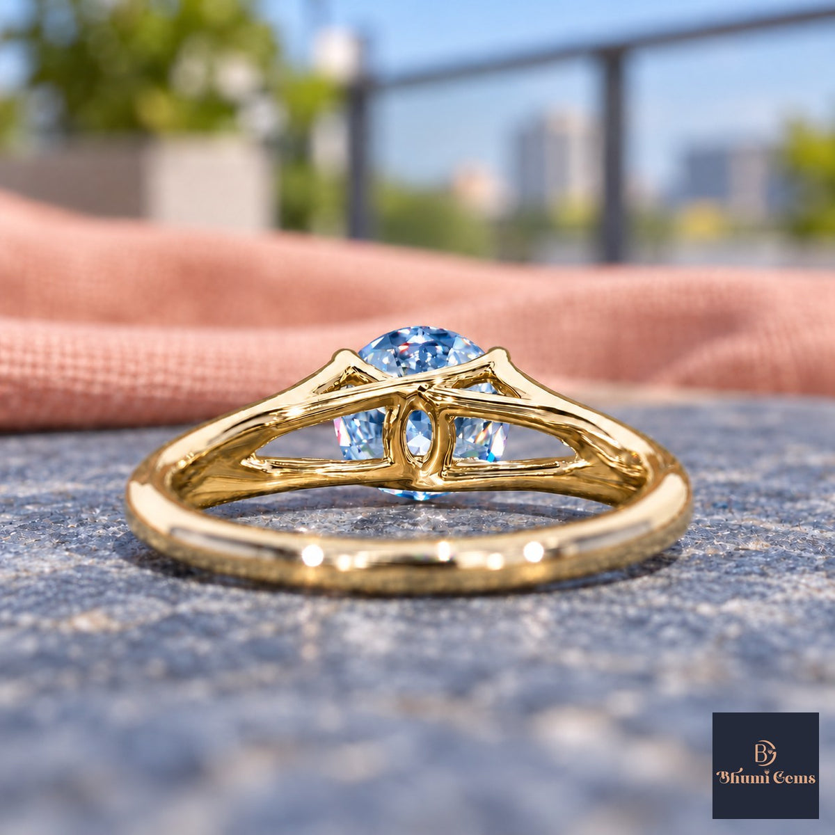 Blue Round Cut Lab Grown Diamond Engagement Ring - Split Shank in yellow gold, gallery view