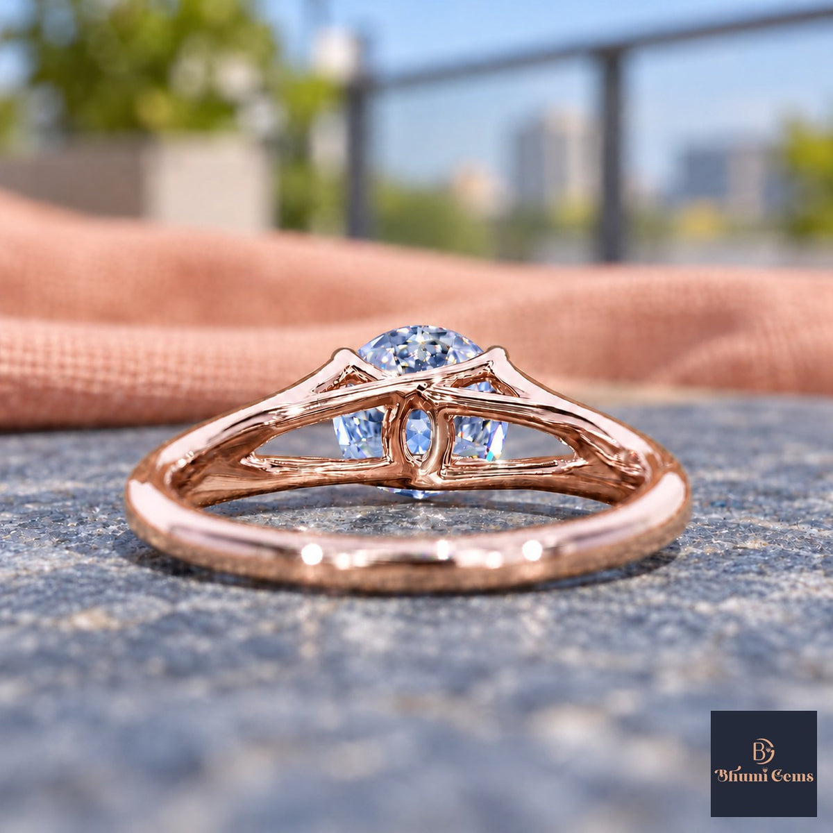 Blue Round Cut Lab Grown Diamond Engagement Ring - Split Shank in rose gold, gallery view