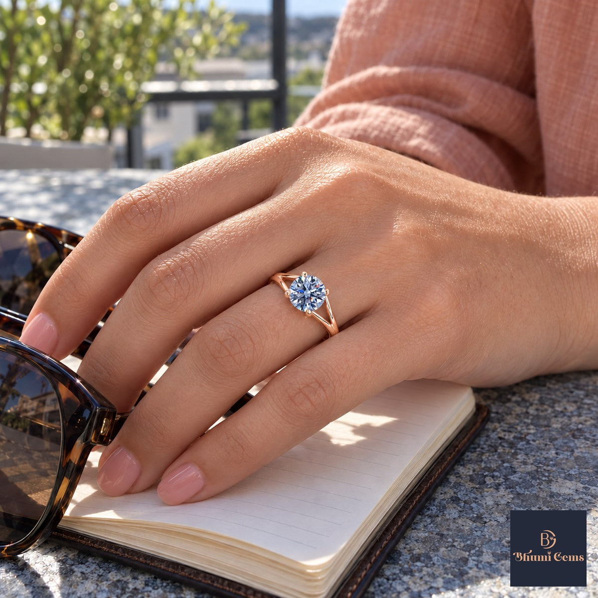 Blue Round Cut Lab Grown Diamond Engagement Ring - Split Shank in rose gold, on the hand