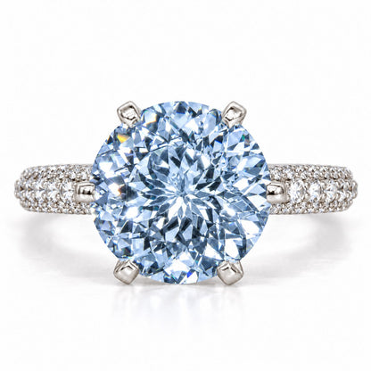 Blue Round Cut Lab Grown Diamond Engagement Ring - Triple Row Pave in white gold, front view