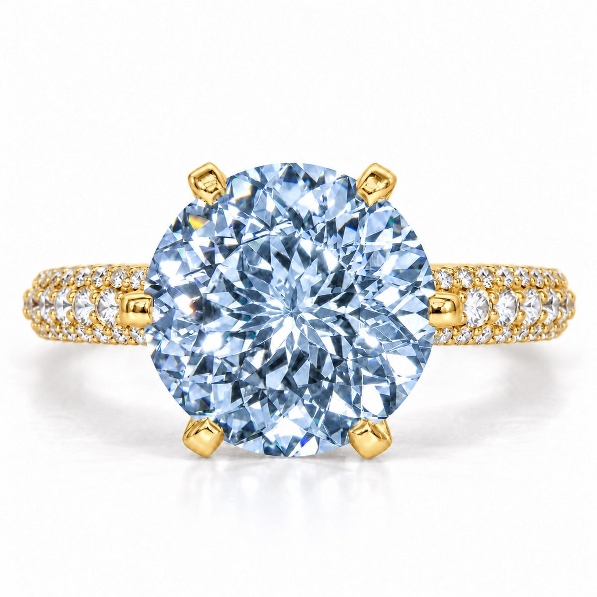 Blue Round Cut Lab Grown Diamond Engagement Ring - Triple Row Pave in yellow gold, front view