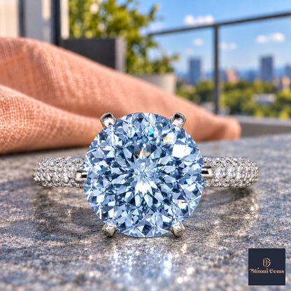 Blue Round Cut Lab Grown Diamond Engagement Ring - Triple Row Pave in white gold, close-up