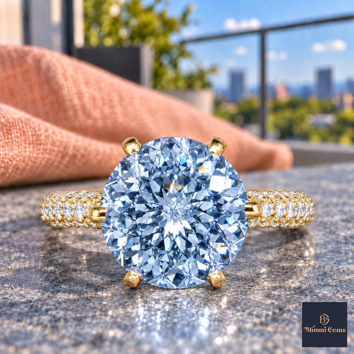 Blue Round Cut Lab Grown Diamond Engagement Ring - Triple Row Pave in yellow gold, close-up