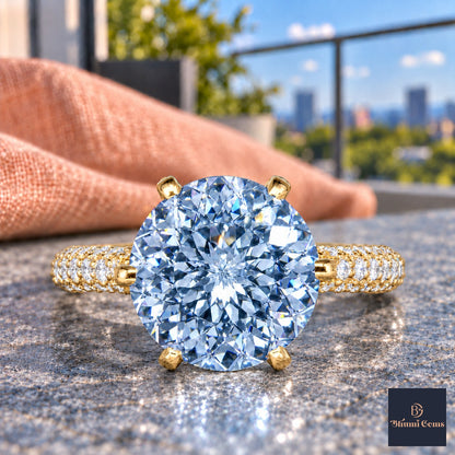 Blue Round Cut Lab Grown Diamond Engagement Ring - Triple Row Pave in yellow gold, close-up