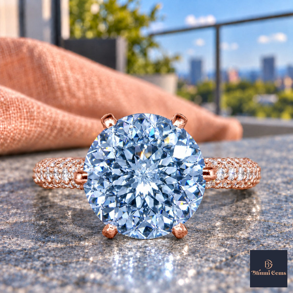 Blue Round Cut Lab Grown Diamond Engagement Ring - Triple Row Pave in rose gold, close-up