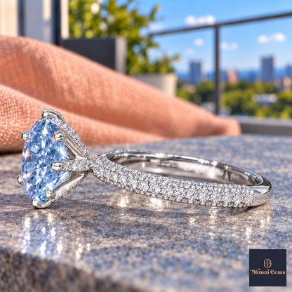 Blue Round Cut Lab Grown Diamond Engagement Ring - Triple Row Pave in white gold, side view