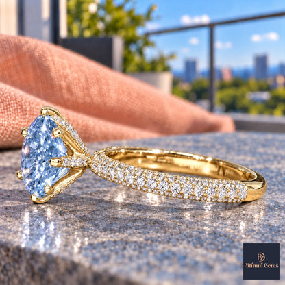 Blue Round Cut Lab Grown Diamond Engagement Ring - Triple Row Pave in yellow gold, side view