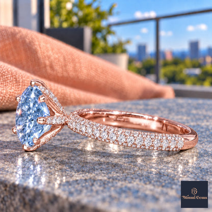 Blue Round Cut Lab Grown Diamond Engagement Ring - Triple Row Pave in rose gold, side view