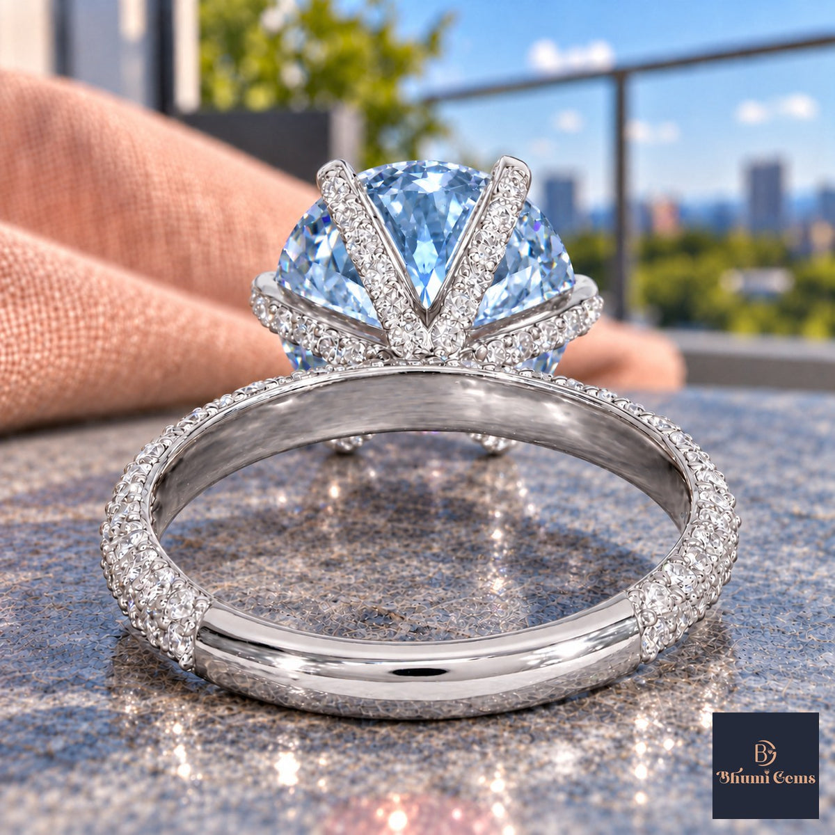 Blue Round Cut Lab Grown Diamond Engagement Ring - Triple Row Pave in white gold, gallery view