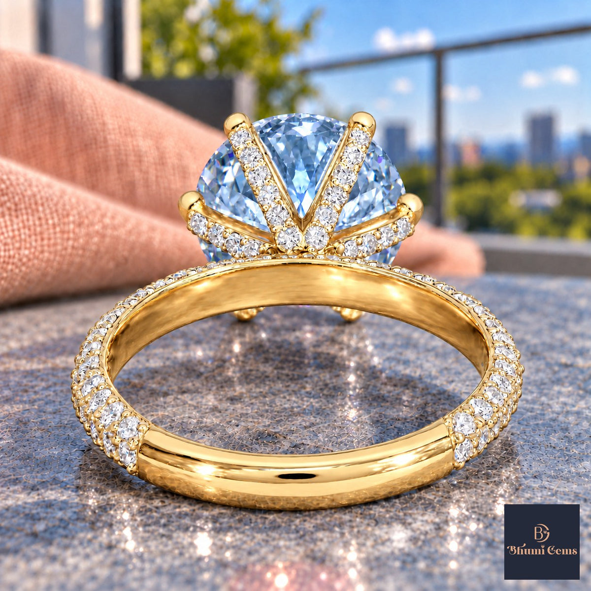 Blue Round Cut Lab Grown Diamond Engagement Ring - Triple Row Pave in yellow gold, gallery view