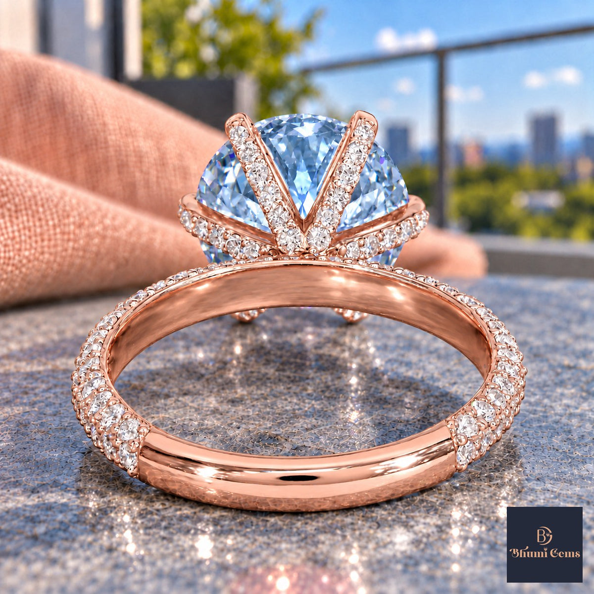 Blue Round Cut Lab Grown Diamond Engagement Ring - Triple Row Pave in rose gold, gallery view