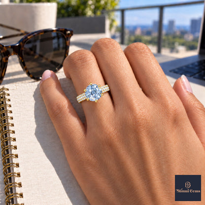 Blue Round Cut Lab Grown Diamond Engagement Ring - Triple Row Pave in yellow gold, worn on the hand