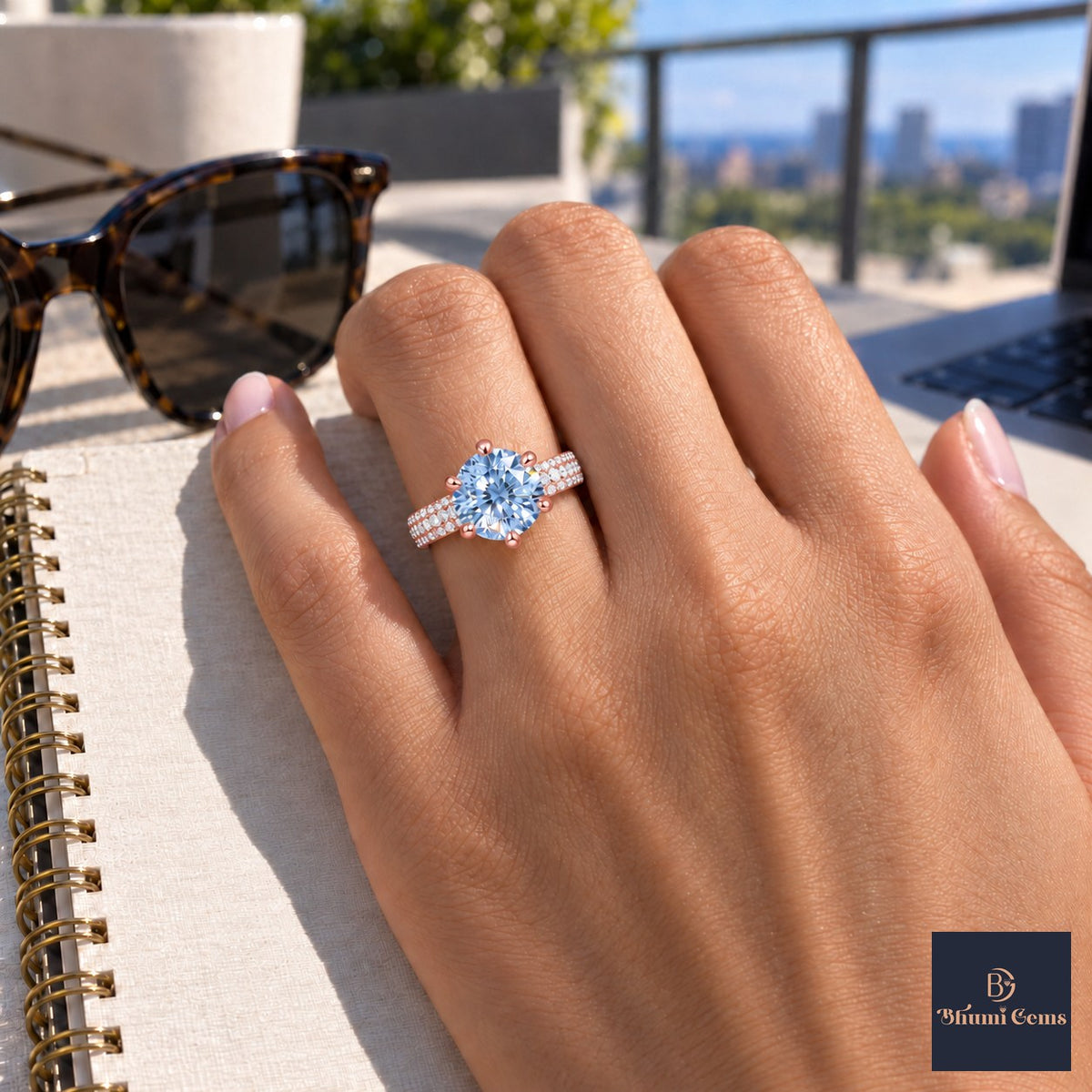 Blue Round Cut Lab Grown Diamond Engagement Ring - Triple Row Pave in rose gold, worn on the hand